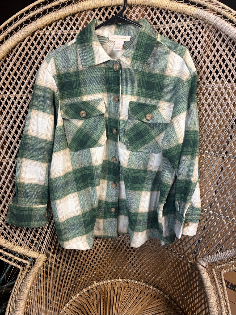 Expressions Green and White Plaid Button-Up Shacket